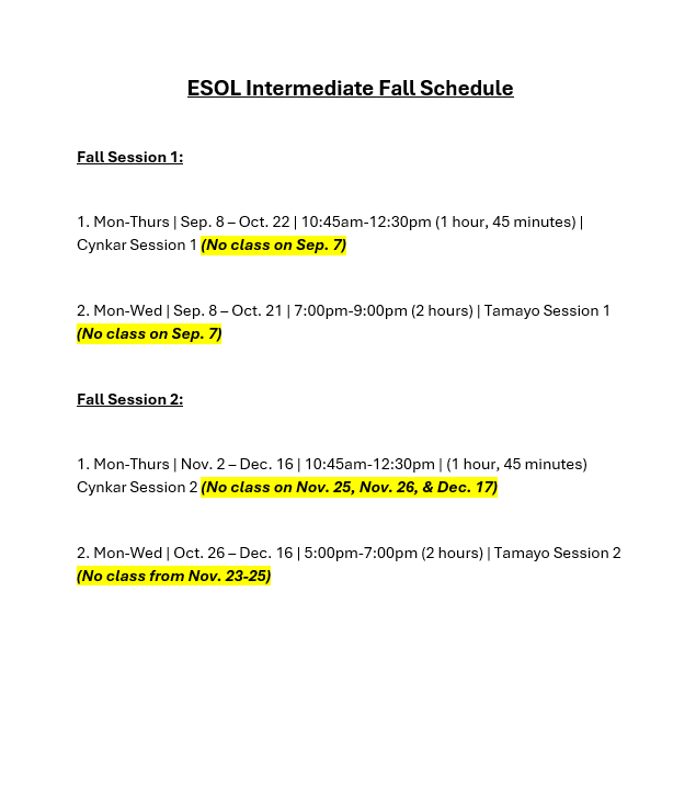 ESOL (2) Intermediate - Fall 2026