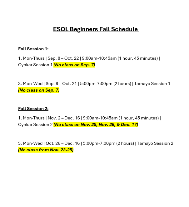 ESOL (1) Beginners - Fall 2026