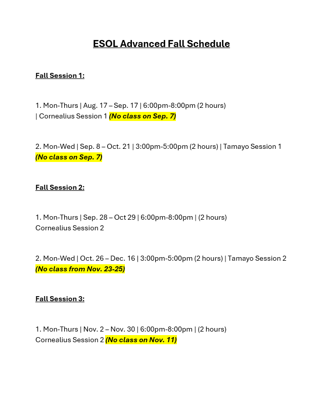 ESOL (3) Advanced - Fall 2026